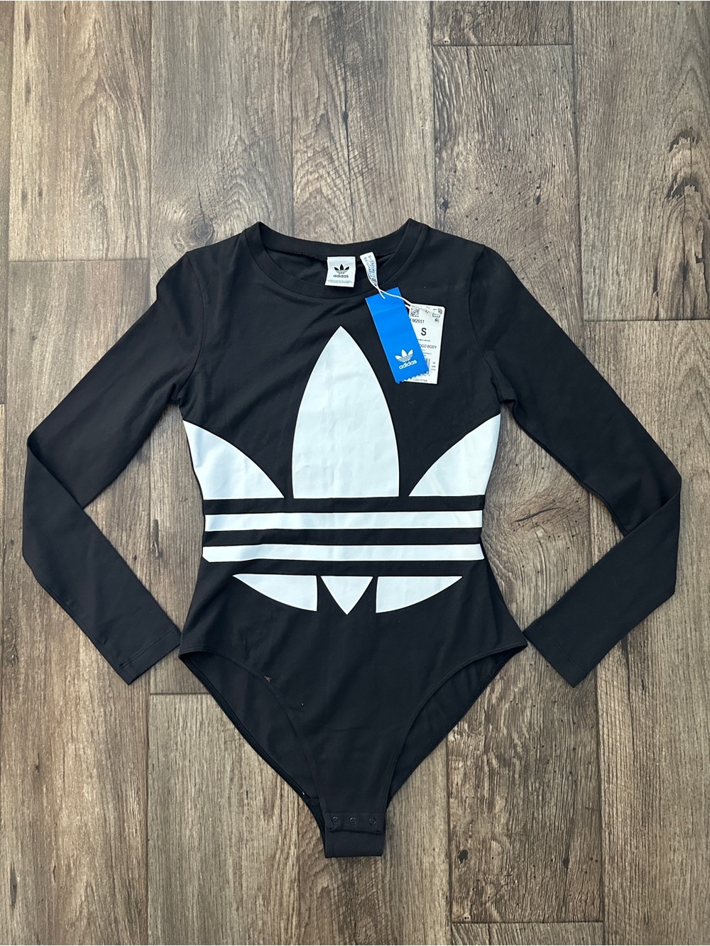 Adidas Originals Bodysuit Large Logo Long Sleeves Round Neck Size S Black White
